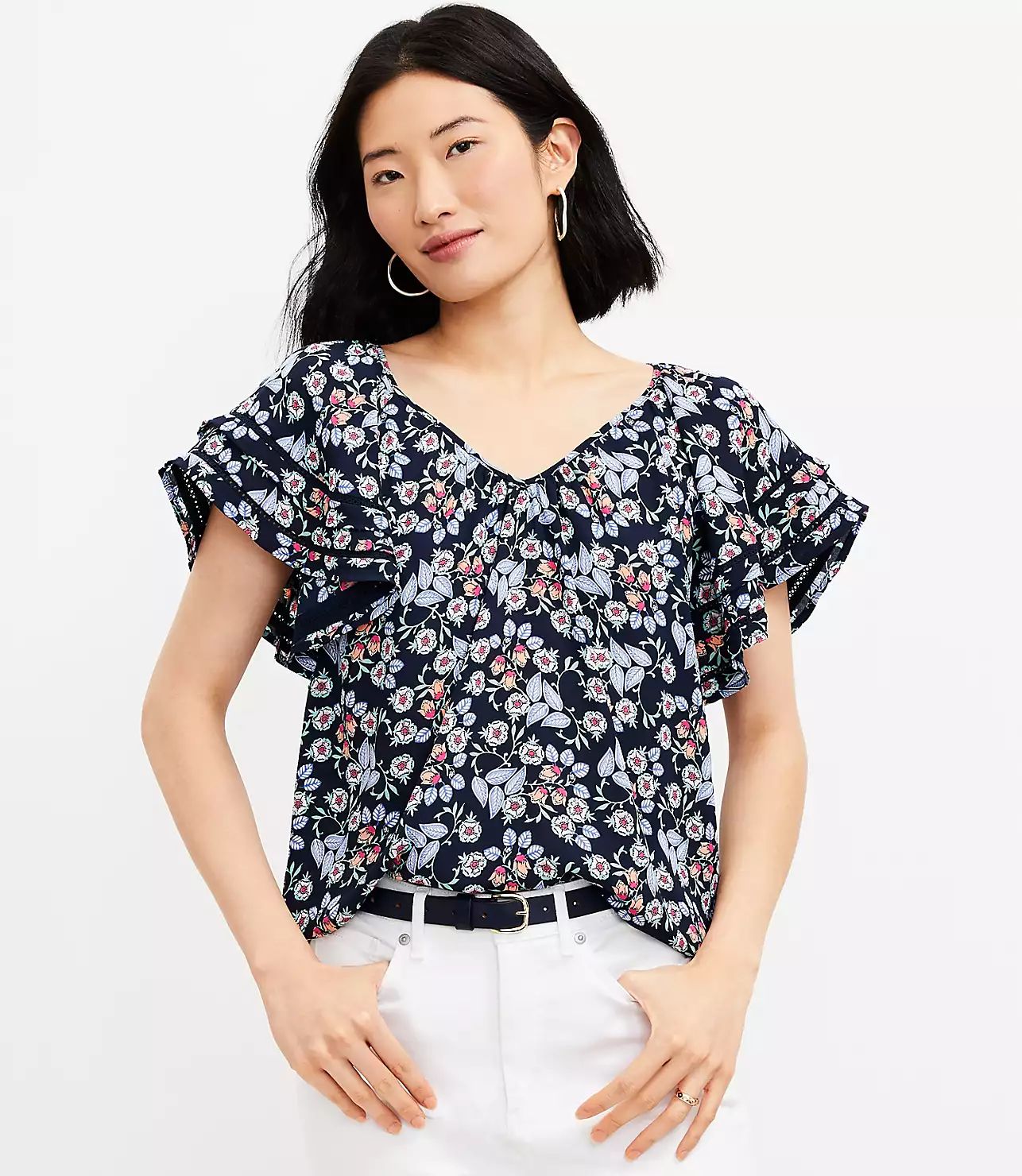 Floral Lacy Ruffle Sleeve Top | LOFT