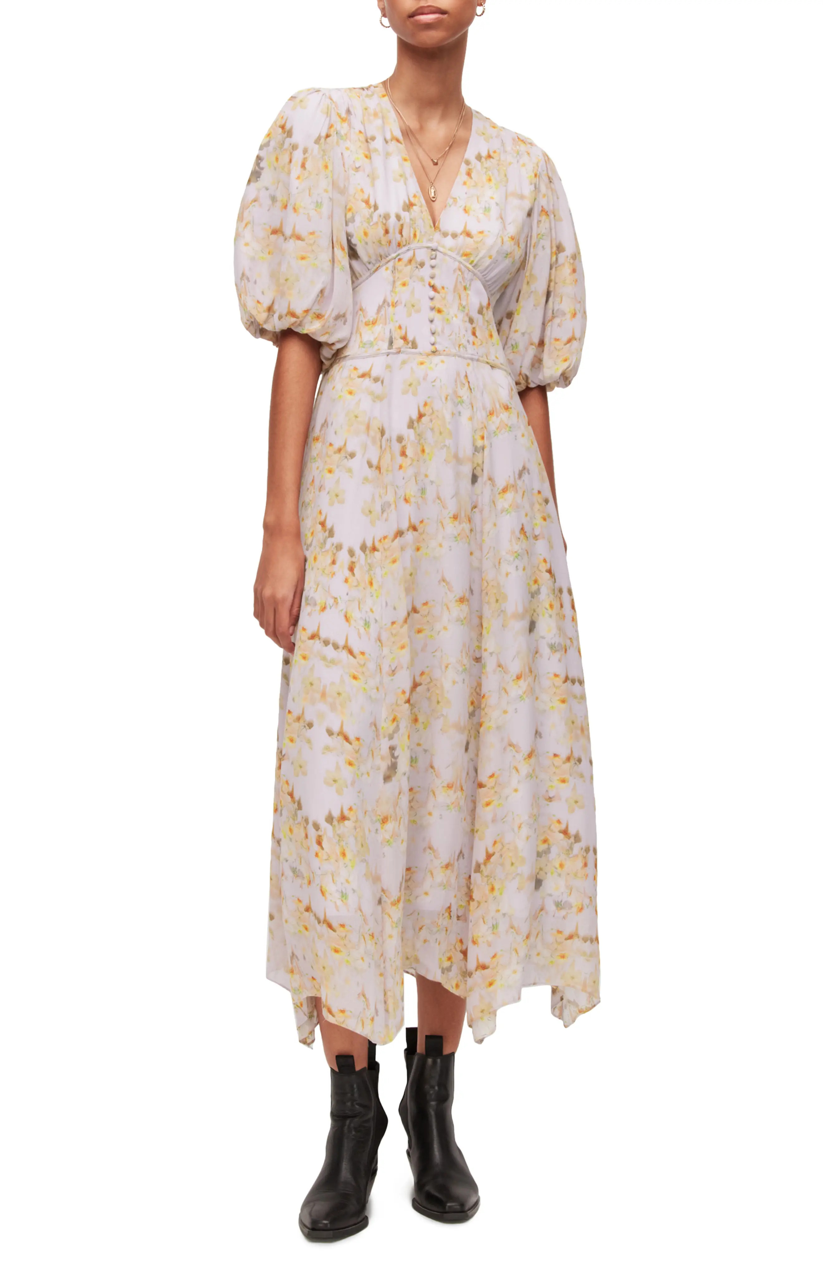 AllSaints Momo Floral Empire Waist Dress in Yellow at Nordstrom, Size 4 Us | Nordstrom