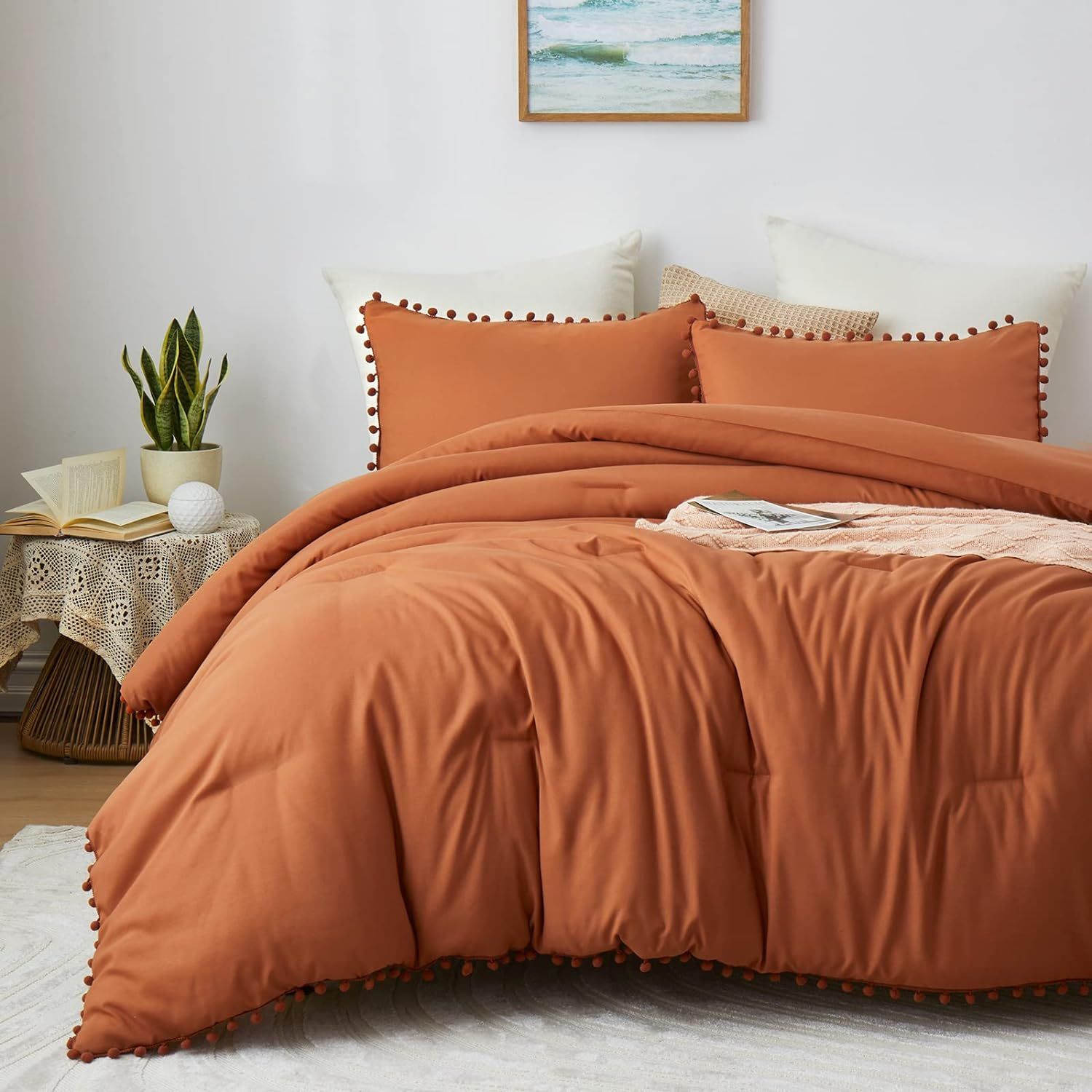 LANNOMO Burnt Orange Comforter Set Full Size Boho Bedding Comforter Set with Pom Poms, 1 Lightwei... | Amazon (US)