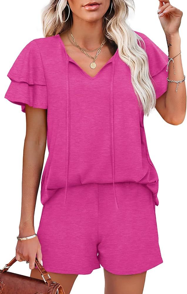 WIHOLL Summer Outfits for Women 2 Piece Short Sleeve V Neck Lounge Sets Casual | Amazon (US)