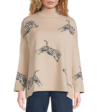 Tiger Jacquard Print Mock Neck Long Sleeve Popover Sweater | Dillard's