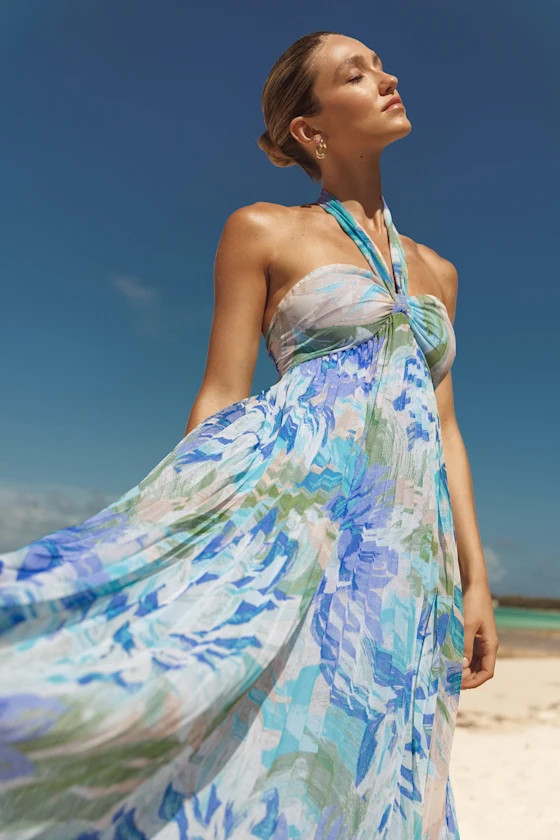 Aminah Blue Multi Floral Pleated Halter Midi Dress | Lulus