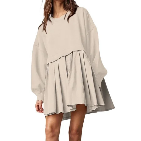 LTTVQM Womens Crewneck Sweatshirts Dress Solid Color Sweatshirt Dress Oversized Fall Long Sleeve Crewneck Pullover Tops Mini Pleated Dresses Beige XS | Walmart (US)