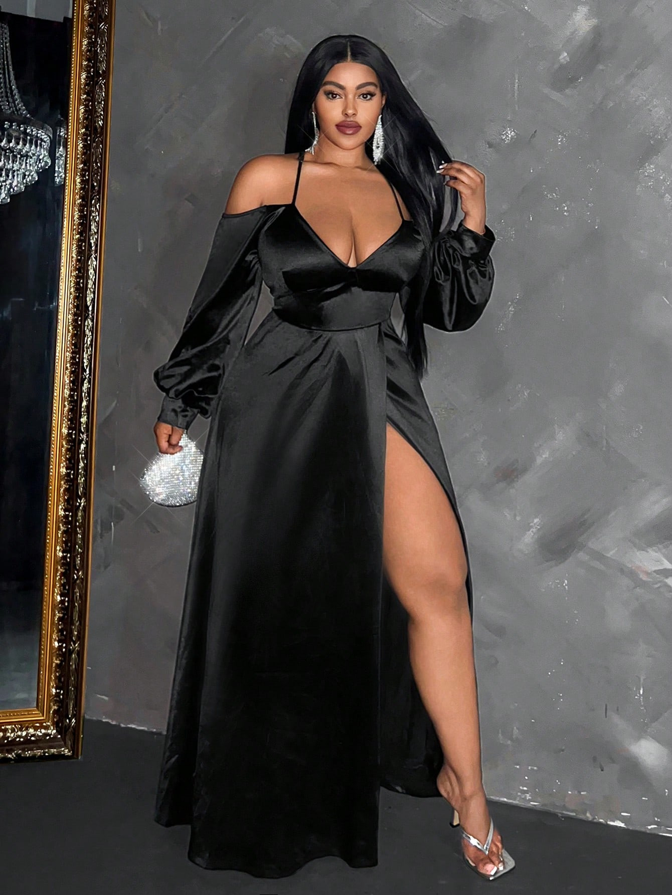 SHEIN Slayr Plus Size Women's Elegant Open Shoulder Long Sleeve Split Hem Dress, Spring/Summer | SHEIN