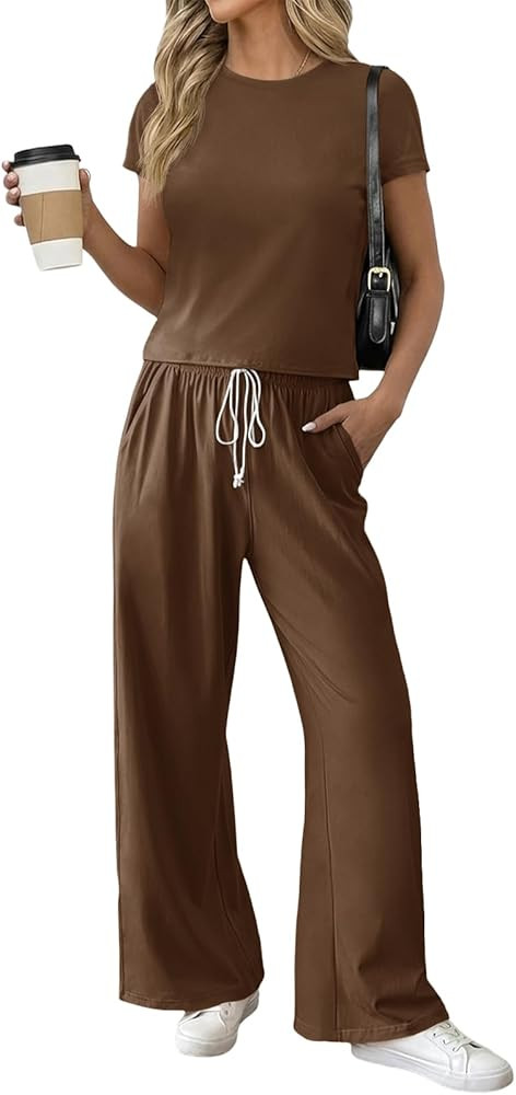 Fisoew Women 2 Piece Lounge Sets 2026 Casual Summer Outfits Short Sleeve Crop Tops Wide Leg Sweat... | Amazon (US)
