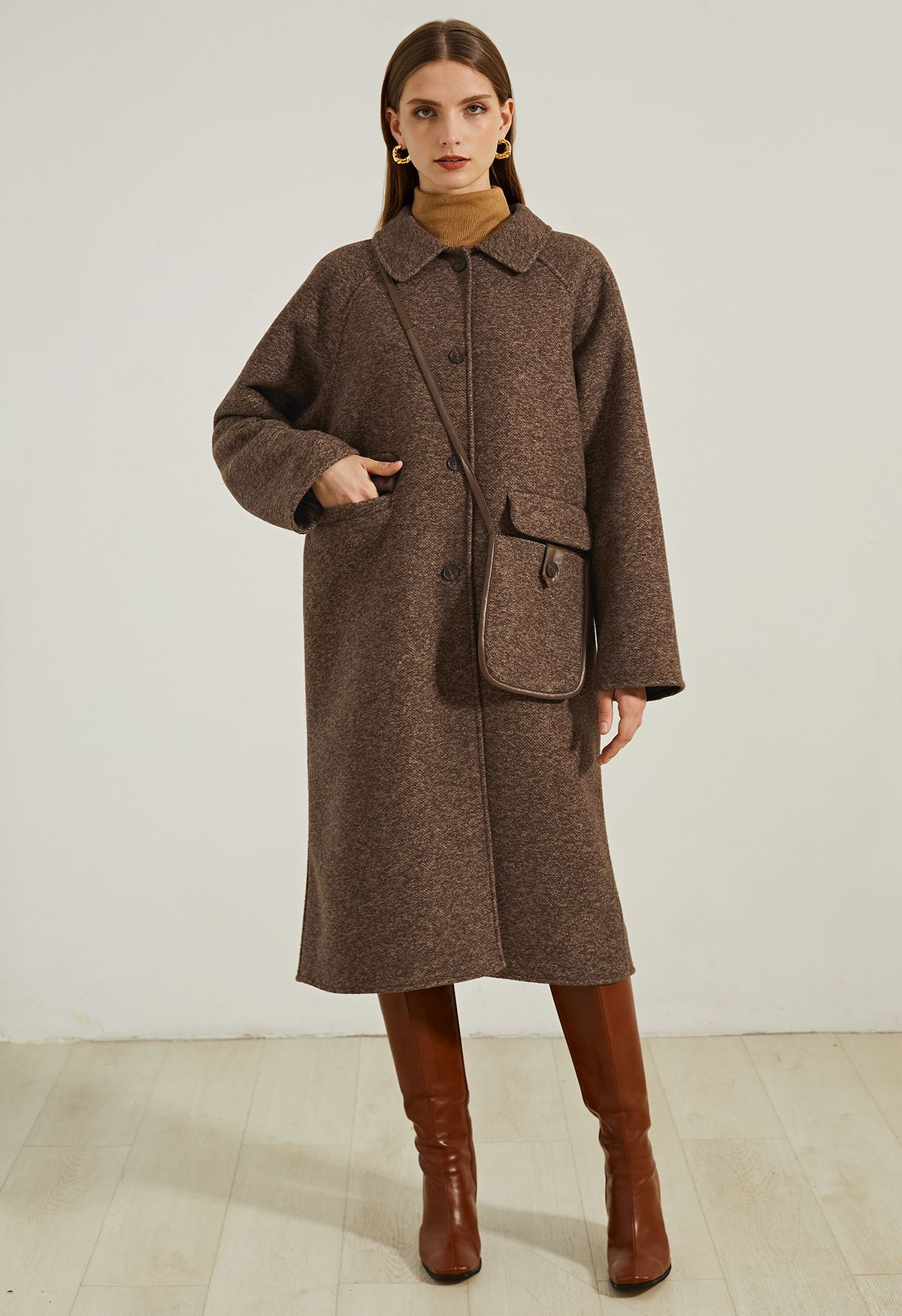 Longline Coat with Crossbody Bag in Brown | Chicwish
