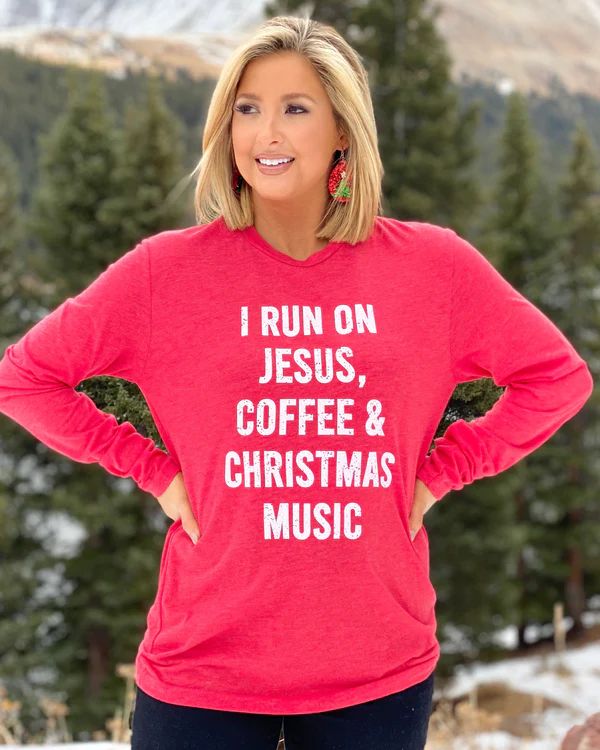 I Run On Jesus, Coffee & Christmas Music Long-Sleeve Tee | Live Love Gameday®