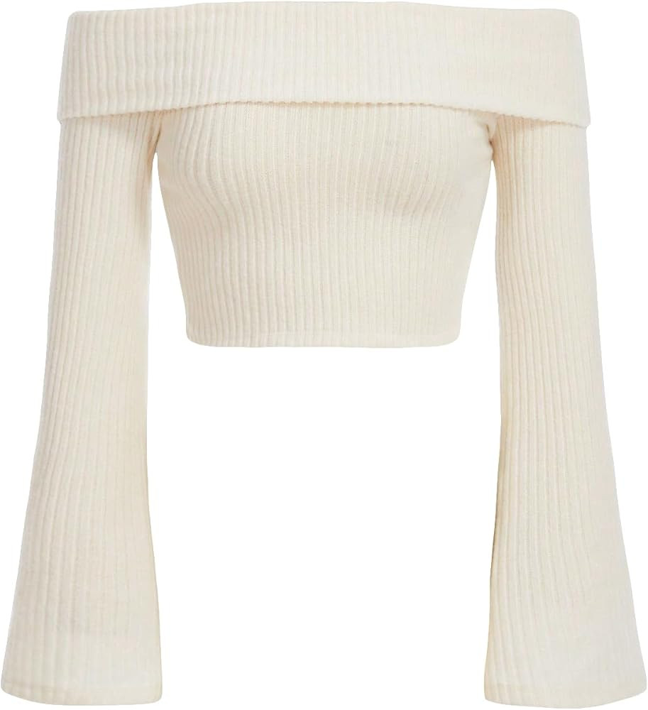 SweatyRocks Women's Off Shoulder Bell Long Sleeve T-Shirt Solid Fitted Ribbed Knit Crop Tops | Amazon (US)