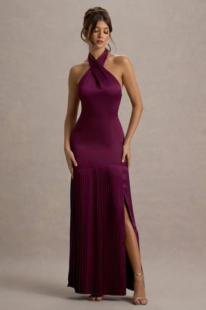 Sansa  Burgundy Satin Cross Halter-Neck Plisse Maxi Dress | Club L London