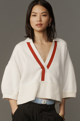 Maeve Elbow-Sleeve Compact Collared V-Neck Sweater | Anthropologie (US)