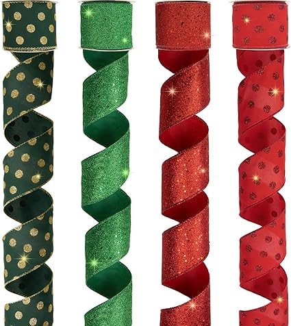 PAPER FAIR 4 Rolls 32 yd Red Green Glitter Christmas Wired Ribbon Set, 2.5 inch x 8yd Polka Dot S... | Amazon (US)