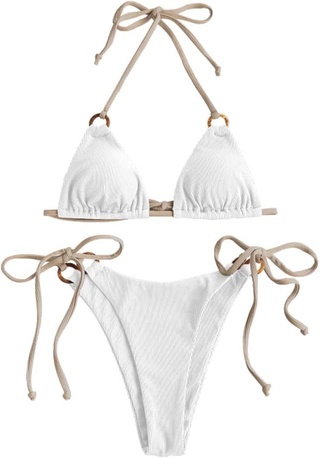ZAFUL Women's Crinkle Halter String Triangle Tie Side Bikini Set Two Piece Swimsuits | Amazon (US)