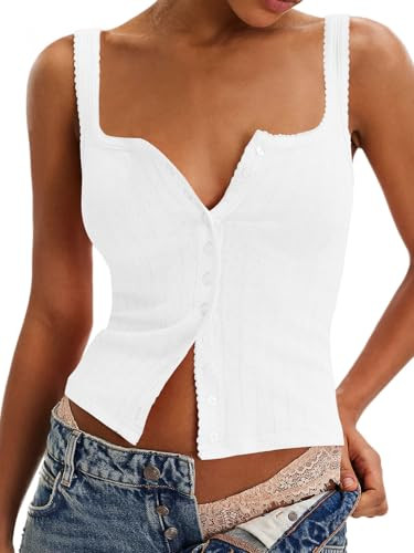 MAOECO Womens Button Down Tank Top Summer Sleeveless Ribbed Square Neck Going Out Y2k Tops Casual Cropped Camisole Vest White S | Amazon (US)