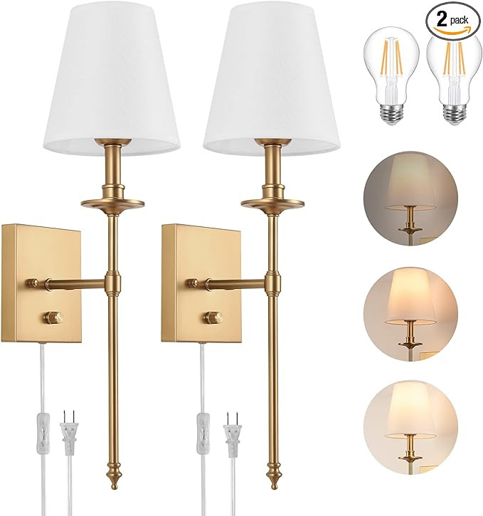 Dimmable Wall Sconces Set of Two,ENCOMLI Plug in Wall Sconces White Fabric Shade,Wall Lamp with 6... | Amazon (US)