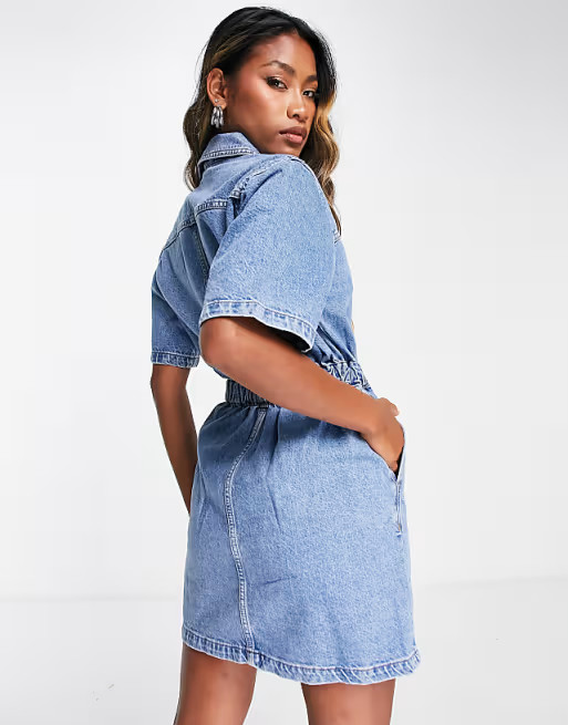 Topshop short sleeve denim dress in mid blue | ASOS (Global)