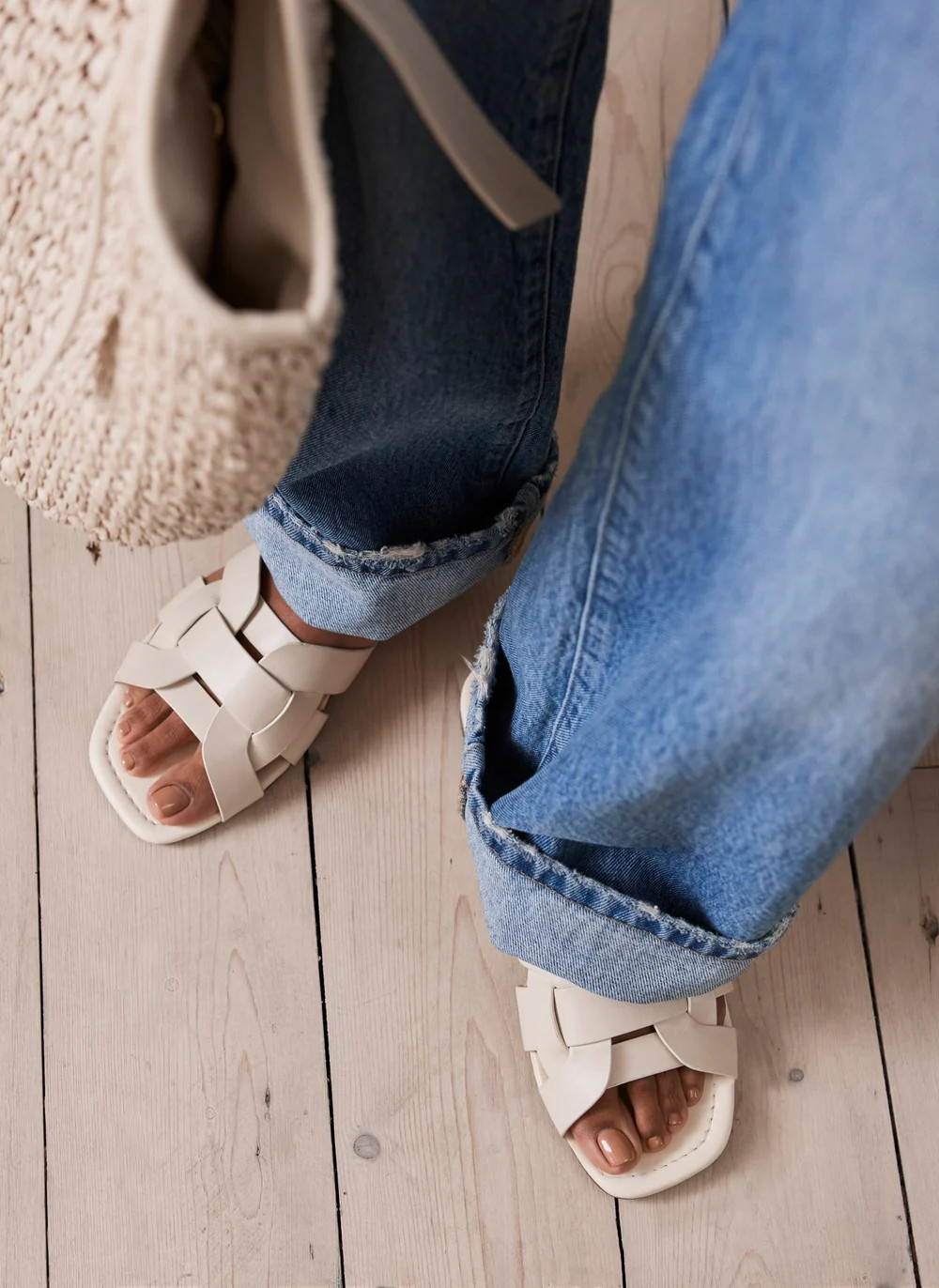 Cream Leather Woven Flat Sandals | Mint Velvet