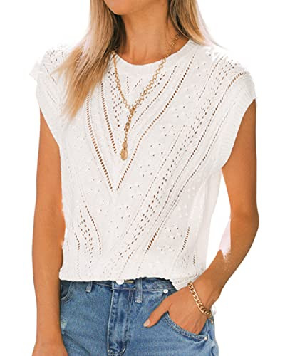 Langwyqu Womens Cap Sleeve Tops Summer Crew Neck Shirt Lightweight Crochet Knit Sweater | Amazon (US)