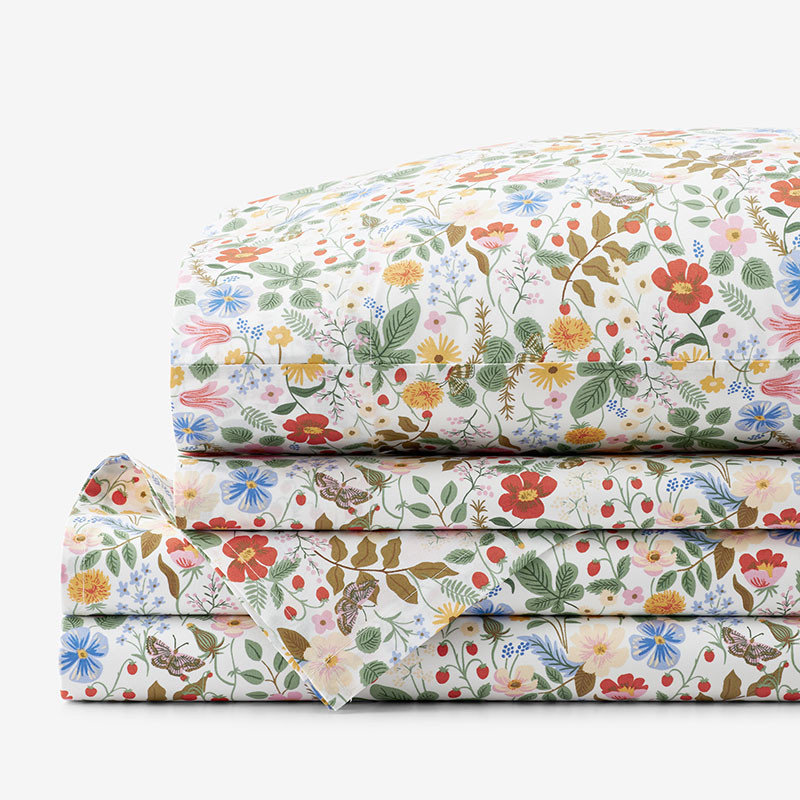 Strawberry Fields Classic Cool Cotton Percale Bed Sheet Set - White Multi, Twin | The Company Store