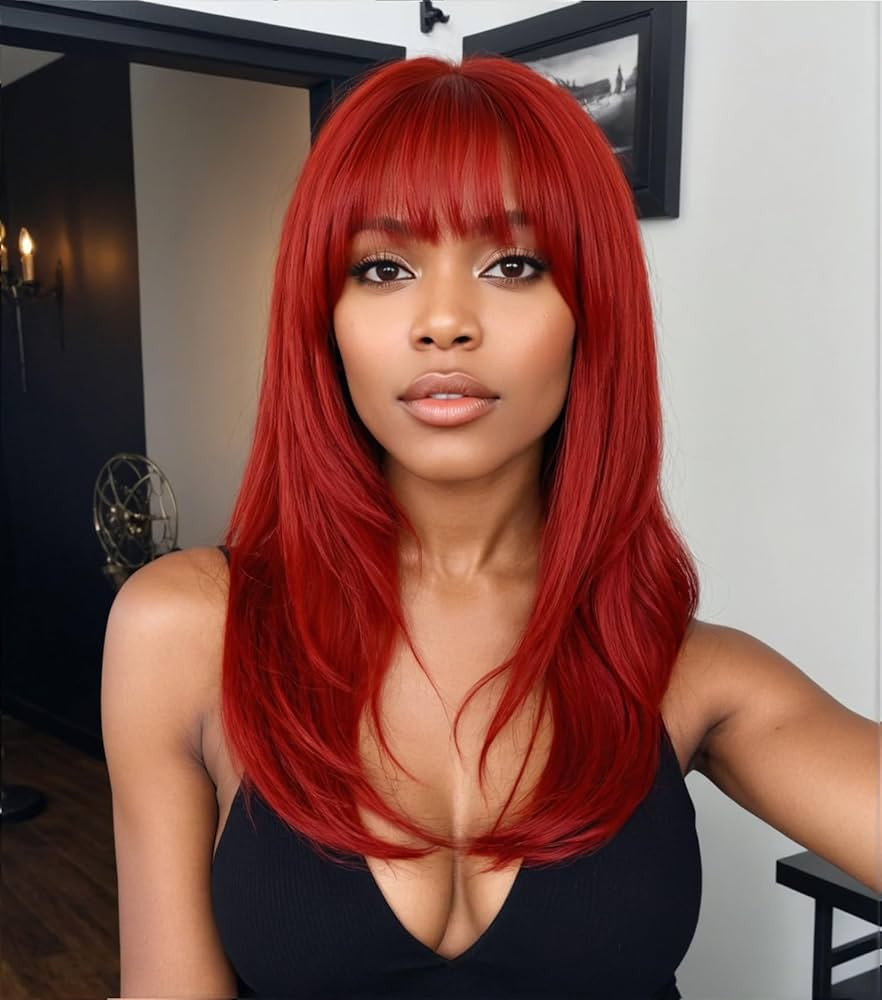 Allbell Long Straight Red Wig with Bangs Layered Hair Natural Heat Resistant Synthetic Wig for Wo... | Amazon (US)