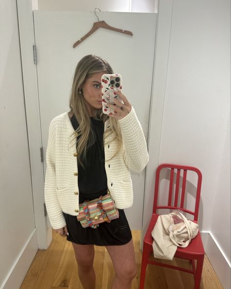 Gap cream Soft, textured cotton sweater jacket. Round neck. Long sleeves. Button front. Patch pockets at front. Wearing a Ramy Brook sleeveless ruffle dress underneath. @gap @ramybrook 

#LTKSeasonal #LTKsalealert #LTKstyletip