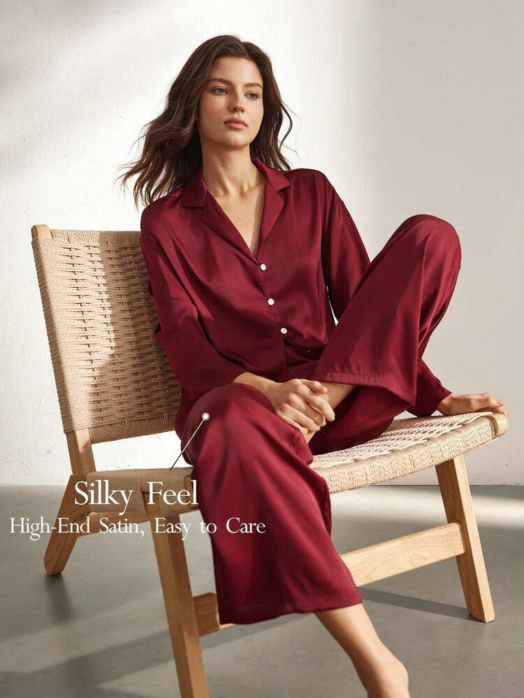 Ocili Set pigiama da donna in raso setoso, comodo e ampio, con maniche lunghe e pantaloni, abbigl... | SHEIN