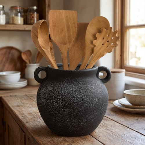 Qinyoung Rustic Kitchen Utensil Holder 6 Inch Small Ceramic Utensil Holder with Handle Vintage Crock Decoration Spatula Organizer for Kitchen Countertop Farmhouse Party Supplies(Black,Elegant) | Amazon (US)