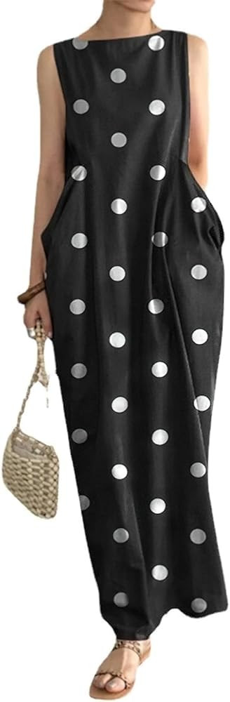 chouyatou Women's Summer Sleeveless Polka Dot Printed Tank Dress Boho Maxi Long Sundress with Poc... | Amazon (US)