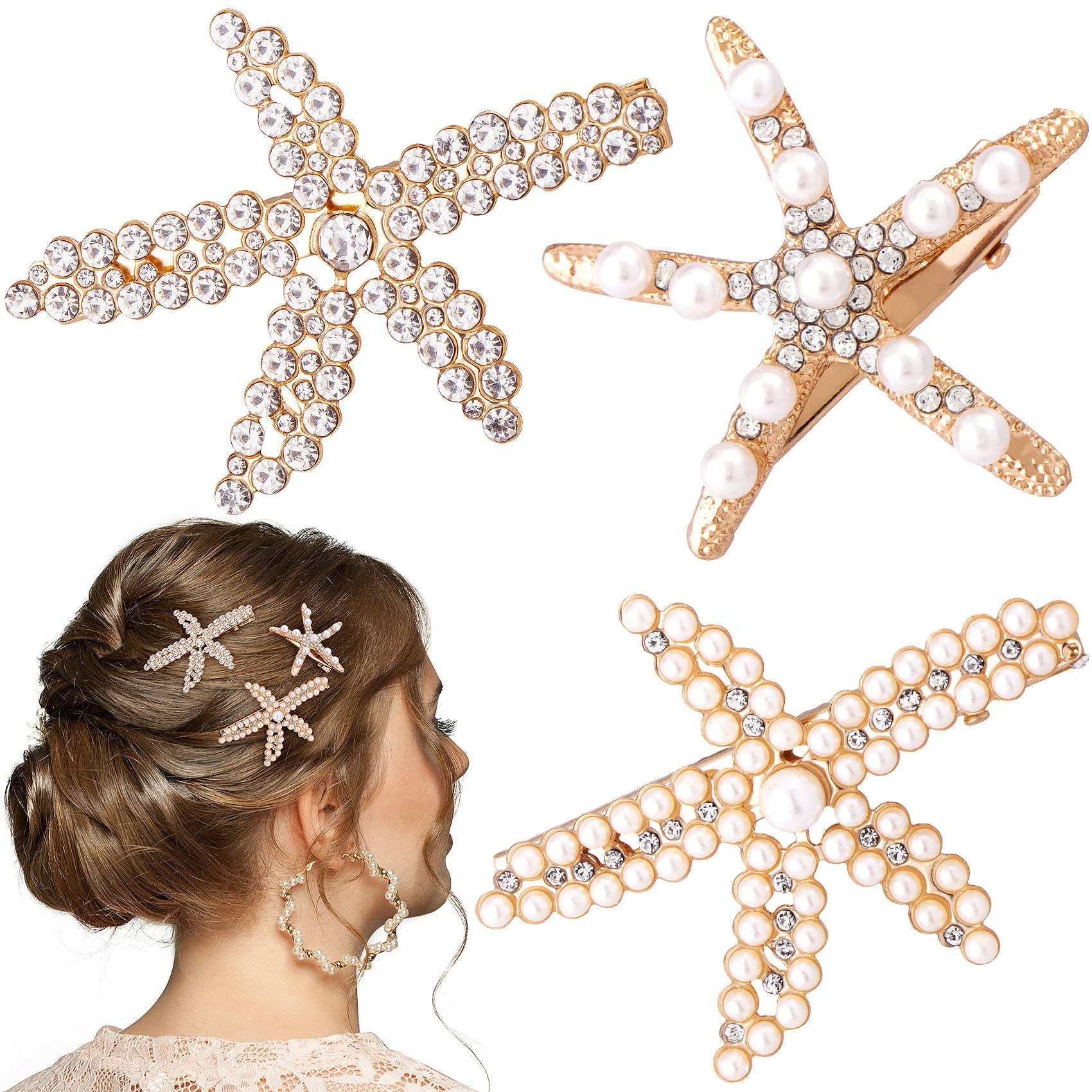 PAGOW 3 PCS Starfish Hair Clips, Gold Rhinestone Pearls Crystal Hair Clips, Sea Star Ponytail Holder, Faux Pearl Crystal Wedding Headpiece Hair Accessories For Women, Girls, Bride(1.73 x 2.48 Inch) | Amazon (US)