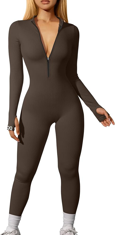 OQQ Women Yoga Jumpsuits Workout Ribbed Long Sleeve Zip Front Sport Jumpsuits | Amazon (US)