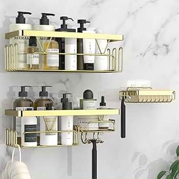 Kegii Gold Shower Caddy Shower Shelf No Drilling Shower Organiser Adhesive Shower Storage Shower ... | Amazon (UK)