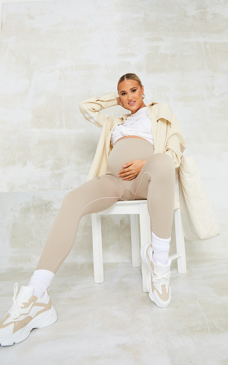 Maternity Stone Contour Rib Leggings | PrettyLittleThing UK