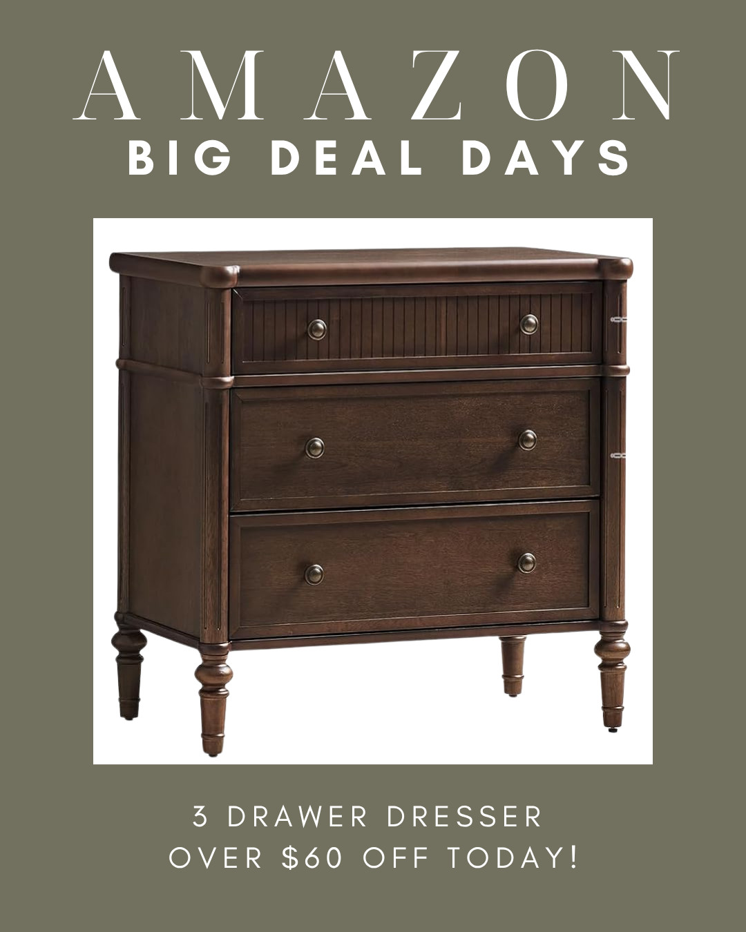 Amazon Big Deal Days find! This 3 drawer dresser is over $60 off today. I love the fluted drawer detail and turned spindle legs. It works as a nightstand, entry chest or in a nursery, and has a built in charging station. 

 #amazonbigdealdays #bigdealdays #primebigdealdays #amazondeals #dresser #nightstand #3drawerdresser #flutedfurniture #bedroomdecor #nurserydecor #entrywaydecor #traditionalhome #amazonfurniture #amazonhome #salealert #founditonamazon #LTKSaleAlert