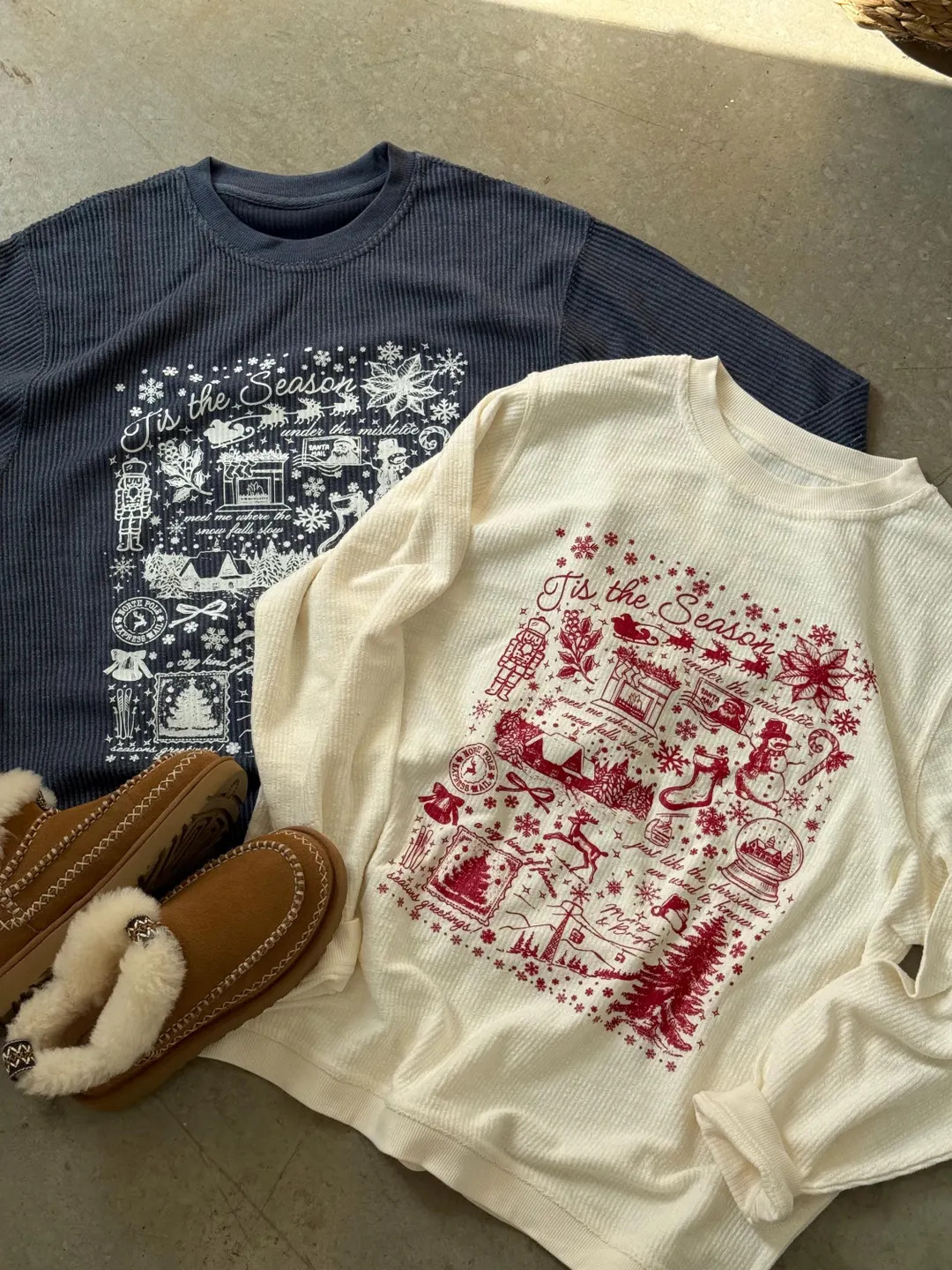 Nostalgic Christmas Corded Crewneck | Vintage Holiday Collage Sweatshirt | Cream & Navy Textured ... | Etsy (US)