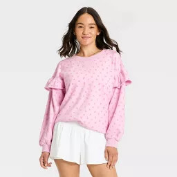 Women's Active Ruffle Trim Crewneck Sweatshirt - JoyLab\u2122 Rose Floral M | Target