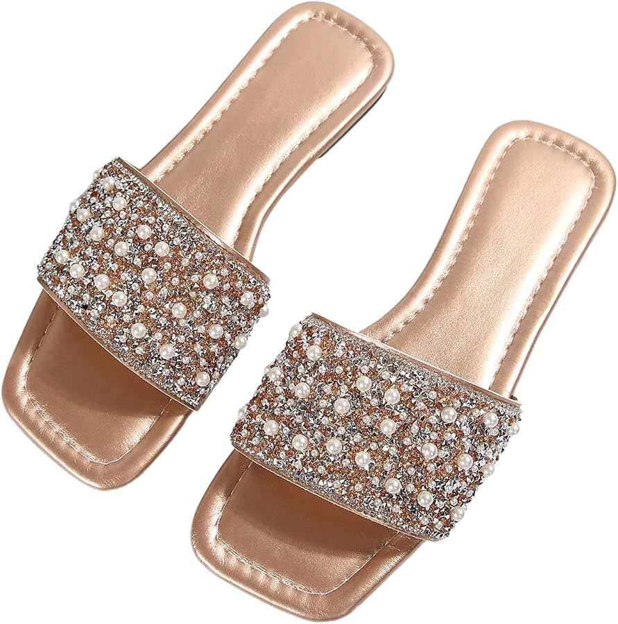 GORGLITTER Women's Sparkly Rhinestone Gold Sandals Jeweled Dressy Pearl Boho Summer Cute Wedding ... | Amazon (US)