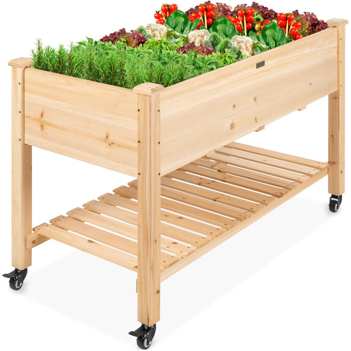 Mobile Raised Garden Bed Elevated Wood Planter w/ Wheels, Storage Shelf | Best Choice Products 