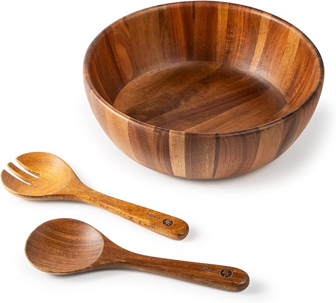 BILL.F Wooden Serving Bowl,12" Acacia Wood Large Salad Bowl Set with Salad Spoon and Fork for Fru... | Amazon (US)