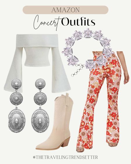 Lainey Wilson outfit idea - off the shoulder sweater , floral bell bottoms , western jewelry, Nashville , Amazon 

#LTKstyletip #LTKsalealert #LTKfindsunder50