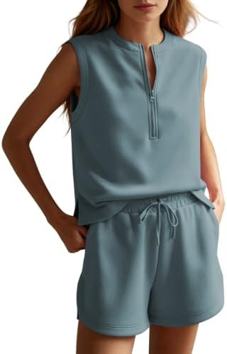 Womens Summer 2 Piece Matching Set Half Zip Tank Top Casual Shorts | Sleeveless Shirt High-Waist ... | Amazon (US)