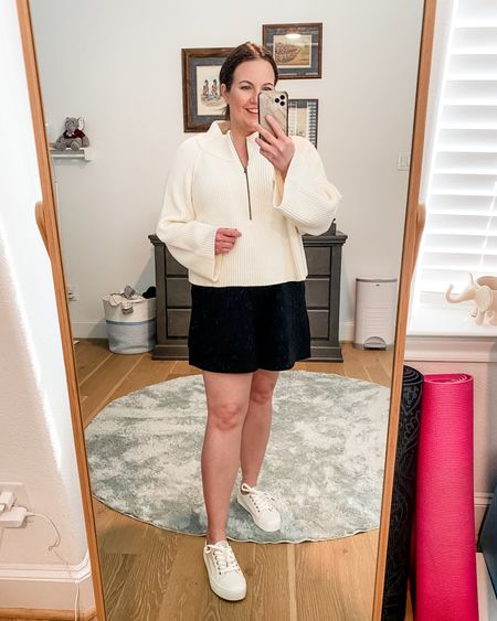 Spring outfit / casual fashion / mom outfits / black shorts / drawstring waist shorts / high waisted shorts / ivory half zip sweater / cropped sweater / canvas sneakers / off white tennis shoes 

#LTKfindsunder100 #LTKshoecrush #LTKSeasonal
