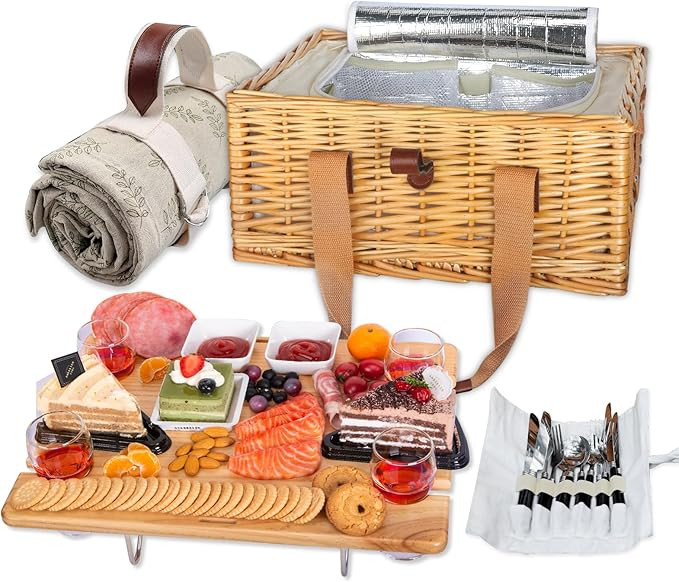 Hap Tim Wicker Picnic Basket for 4 with Mini Folding Wine Picnic Table & Large Insulated Cooler B... | Amazon (US)