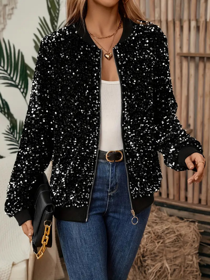 Sequined Zip Up Jacet Elegant Long Sleeve Outwear For Spring - Temu | Temu Affiliate Program