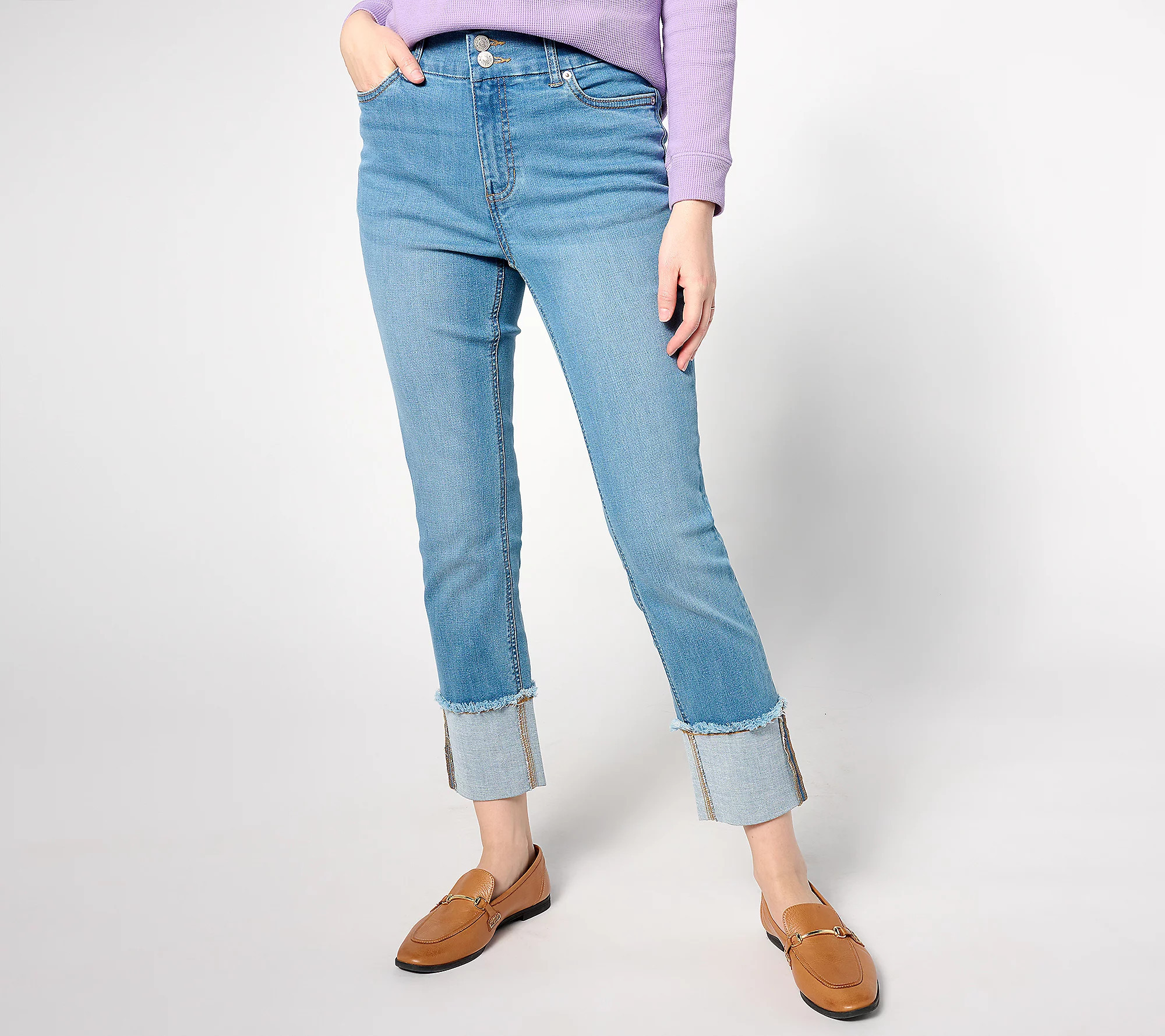 As Is Denim & Co. Easy Stretch Reg Straight Leg Cuffed Jean | QVC