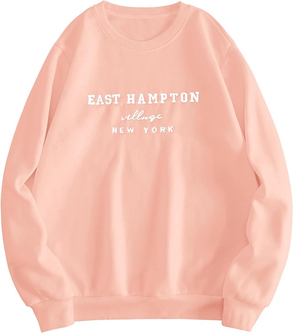 Women’s East Hampton Letter Print Graphic Sweatshirt Oversized Drop Shoulder Fleece Teen Girls Pullo | Amazon (US)