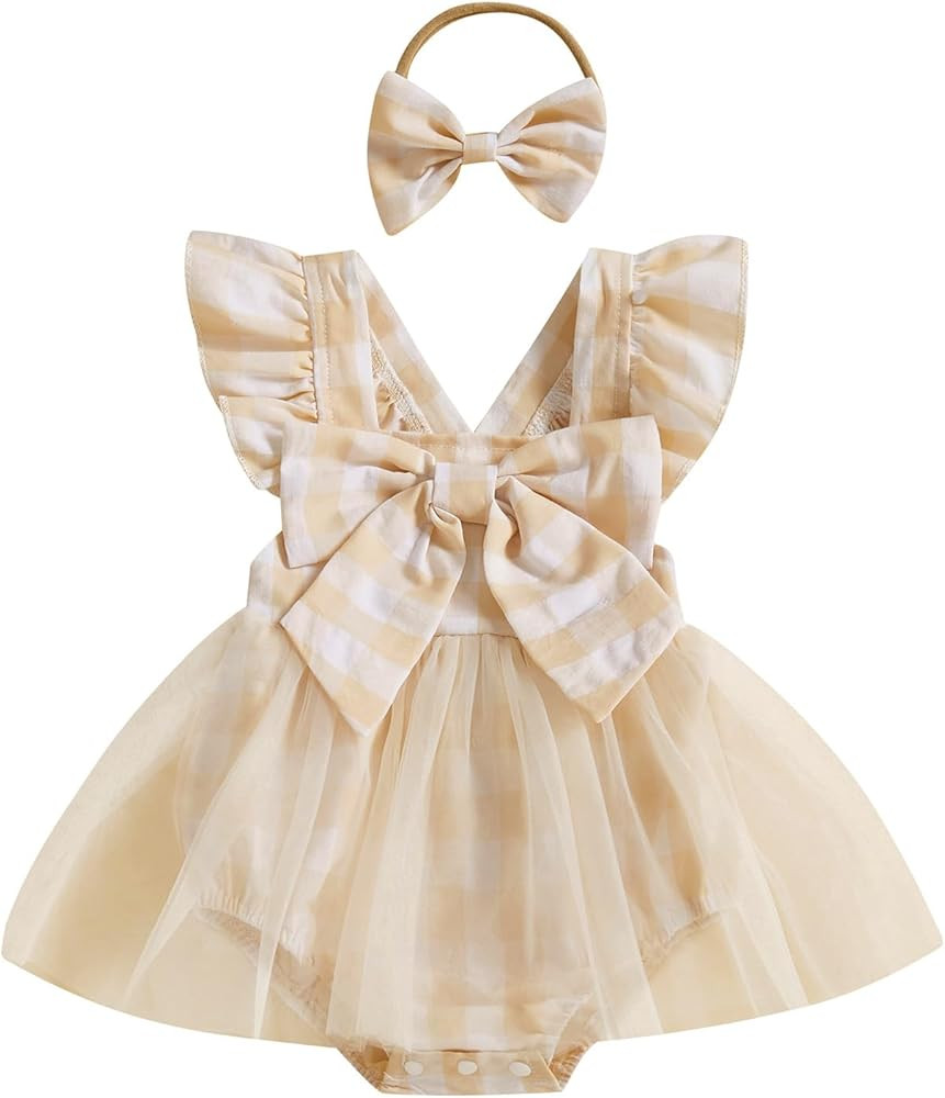 Newborn Baby Girl Romper Dresses Plaid Bow Ruffle Sleeveless Backless Lace Tutu Skirted Jumpsuit ... | Amazon (US)
