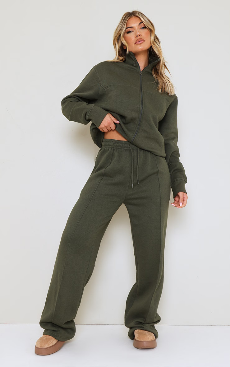 Moss Khaki Seam Detail Straight Leg Jogger | PrettyLittleThing UK