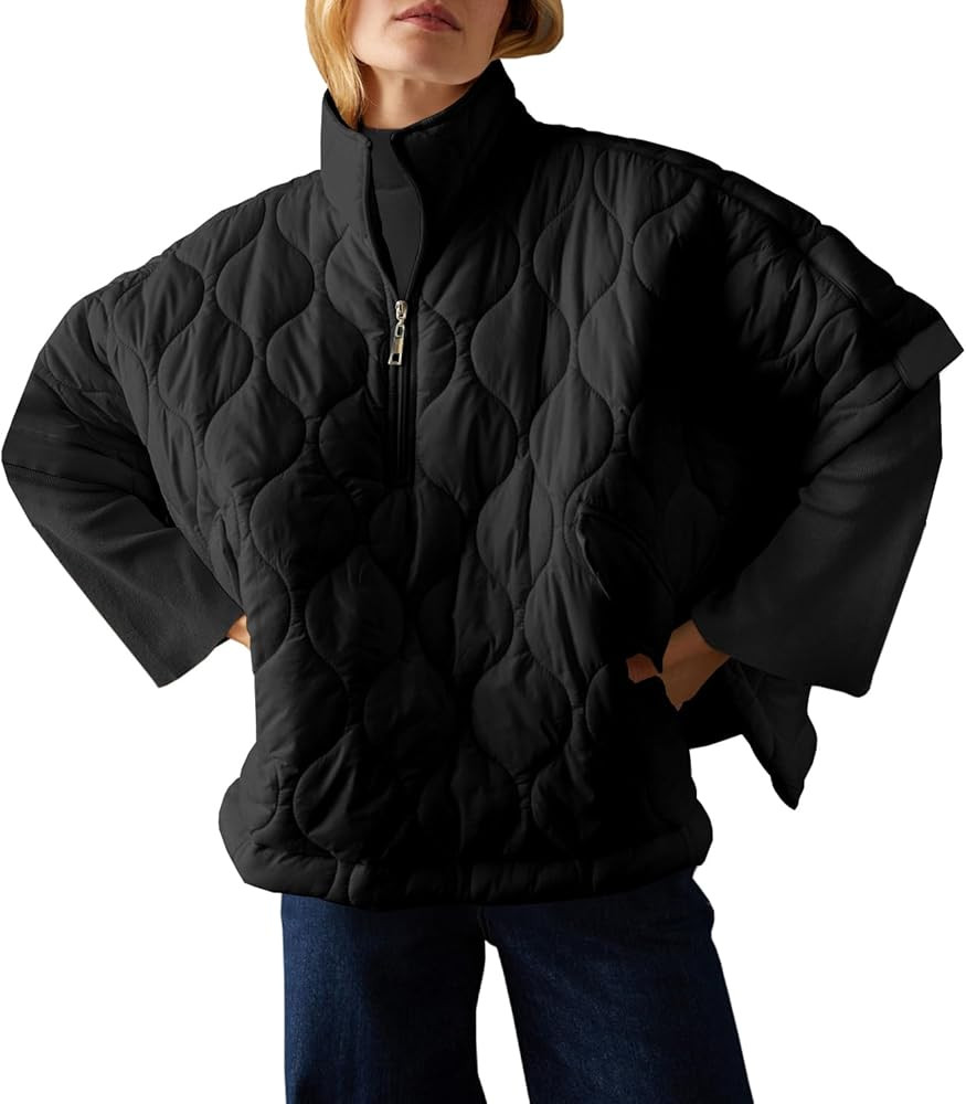 Fazortev Women's Puffer Poncho Pullover Quilted Jacket Short Sleeve Half Zipper Coat Cape Outerwe... | Amazon (US)