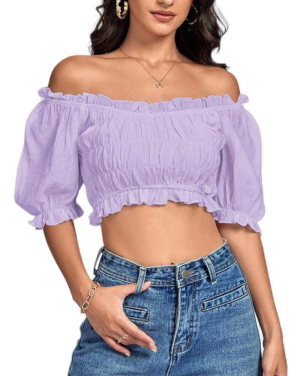 LYANER Women's Off Shoulder Ruffle Trim Ruched Short Sleeve Blouse Crop Top | Amazon (US)