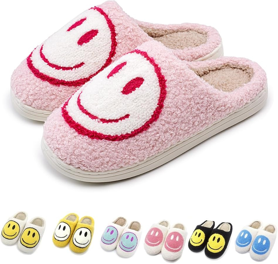 Cute Smile Face Slippers, Fuupnn Retro Soft Plush Furry Fluffy Indoor Outdoor Shoes Comfy Warm Fl... | Amazon (US)