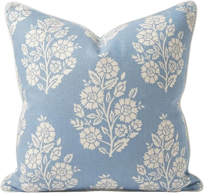 "The Hazel Bright Blue White Floral Pillow Cover Grandmillennial Home Decor Blockprint Pillow Cov... | Amazon (US)